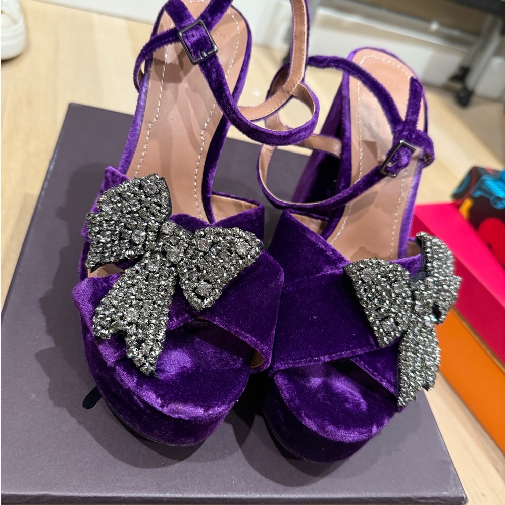 Zara Purple Velvet Heels with Crystal Bow